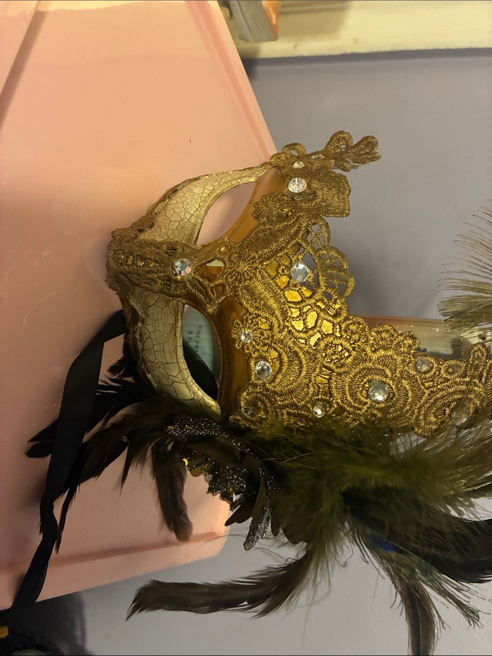 Gold Lace Masquerade Face Mask with Feather Accents